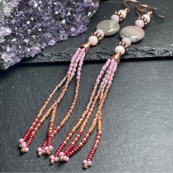 CCO REDUCED Elegant Gray And Pink Agate Beaded Dangle Fringe Earrings - Picture 10 of 15